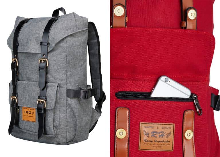 Grauer Rucksack und roter Rucksackausschnitt mit Handy. Ideal für Fotostudio Winterthur.