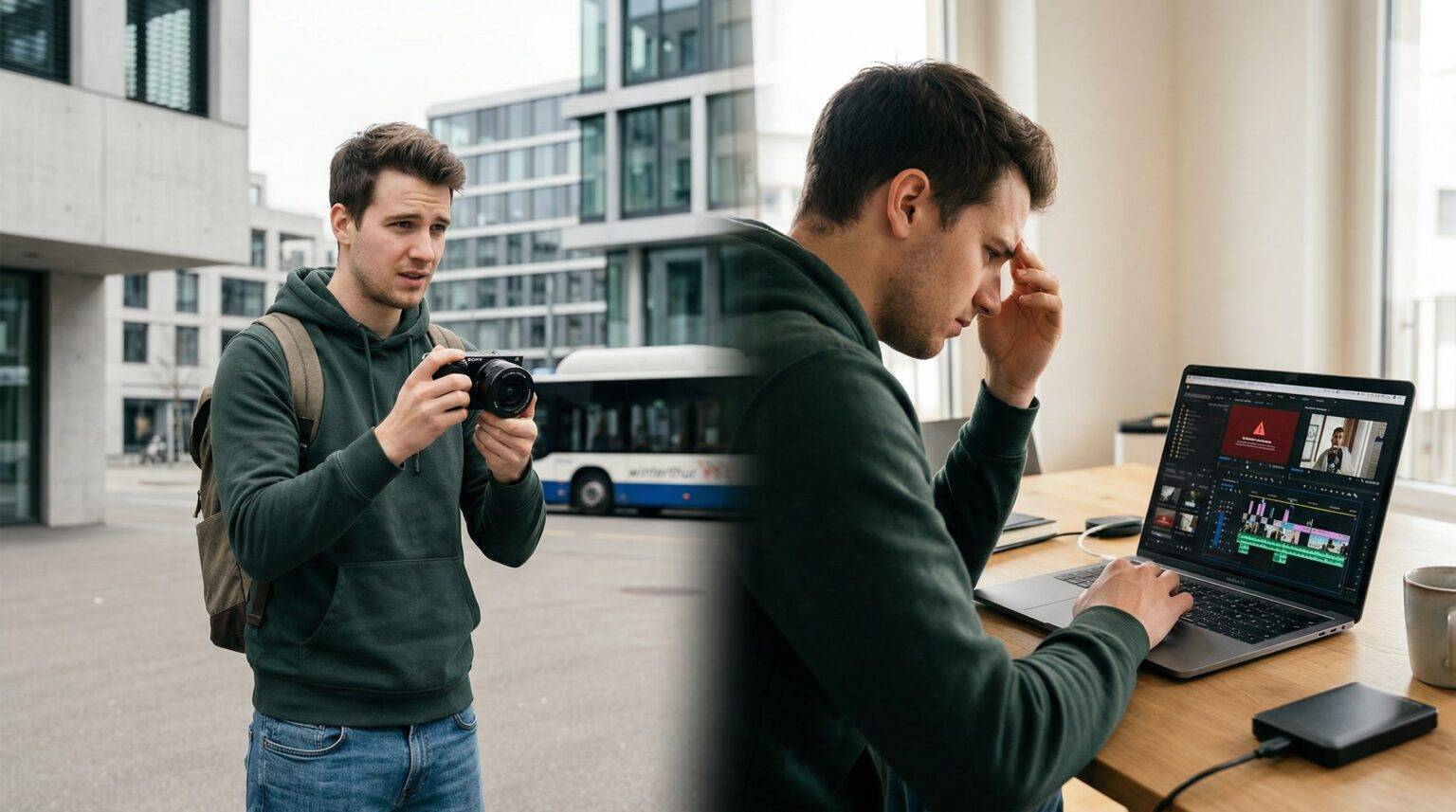 Junger Videograf mit Kamera draussen und beim Videoschnitt am Laptop mit Problemen in der Videoproduktion