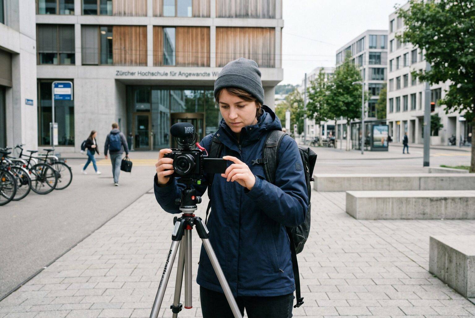 Videoproduktion on location Einsteigerin bedient Kamera auf Stativ vor Zürcher Hochschule – Videoproduktion Winterthur