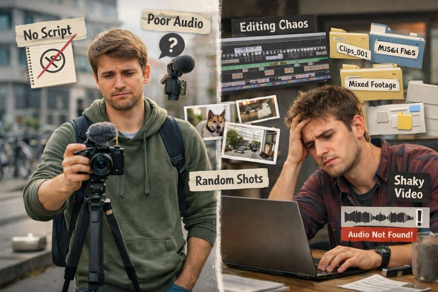 Mann filmt am Stativ links, frustrierter Cutter am Laptop rechts – Fehler in der Videoproduktion