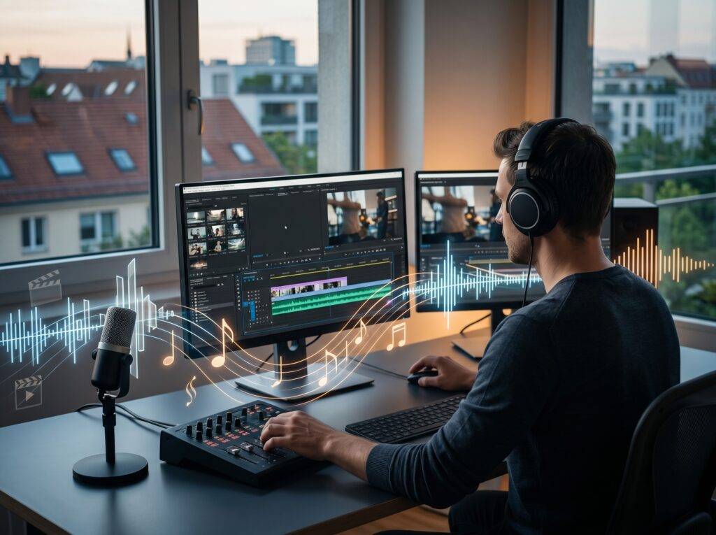 Musik in der Videoproduktion: Mann mit Kopfhörern am Schnittplatz, Dual‑Monitore, Mischpult und Mikrofon