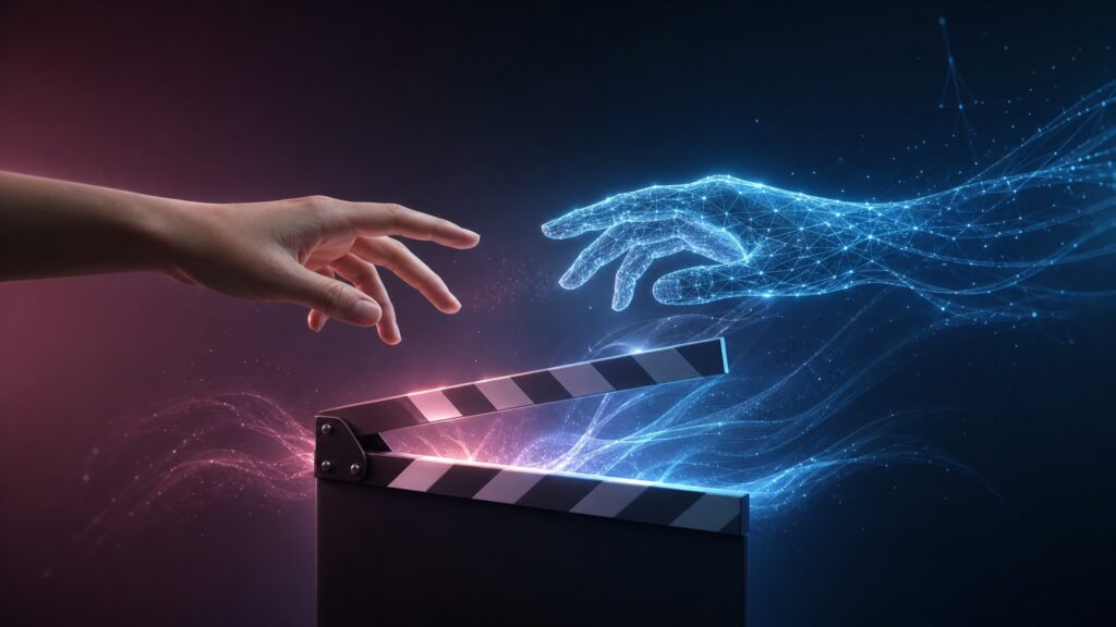 KI-Videoproduktion Blog: Hand berührt digitale Netzhand über Filmklappe – Filmstudio, Videoproduktion Winterthur