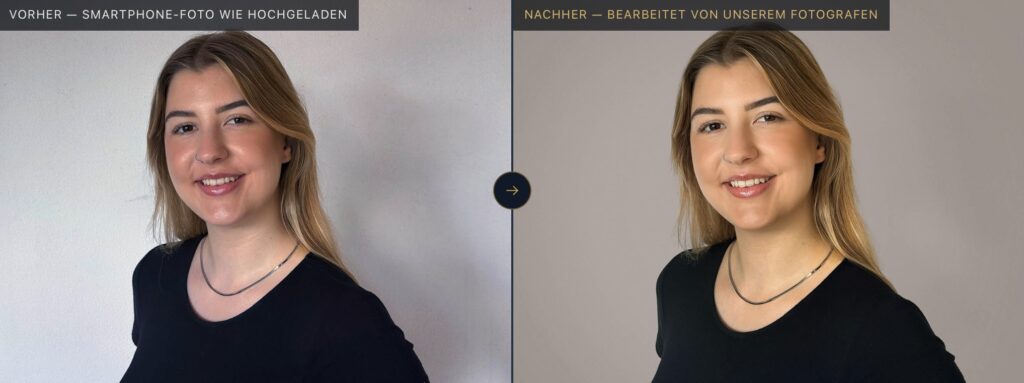 Vorher-Nachher Businessporträt junger Frau: mit Smartphone, rechts retuschiert - Fotograf Winterthur, Fotostudio
