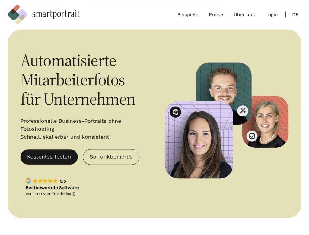 Startseite mit Titel 'Automatisierte Mitarbeiterfotos' und drei Portraits